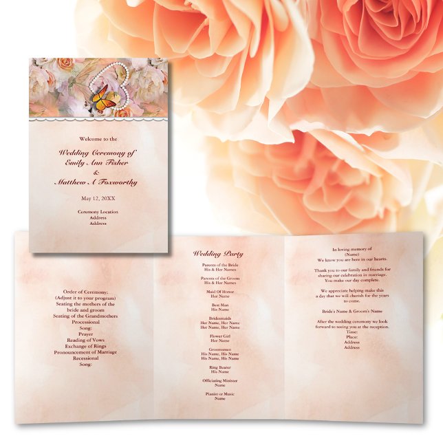 Pearl Heart Floral Orange Butterfly Wedding Dreifach-gefaltete Programmkarte (Pearl Heart Floral Orange Floral Butterfly Wedding Tri-Fold Program)
