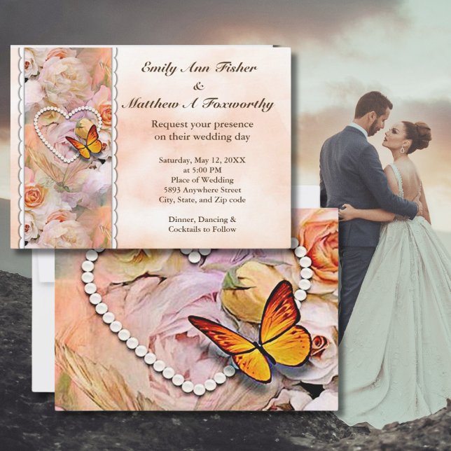 Pearl Heart Orange Rose & Butterflies Hochzeit Einladung (Pearl Heart Orange Roses & Butterflies Wedding Invitation of Orange, Pink, Yellow & white floral)
