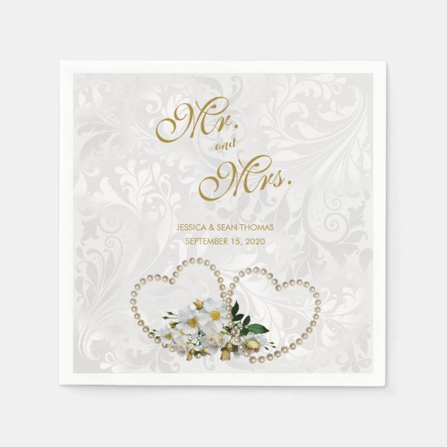 Pearl Hearts & Blume Damask Hochzeit Serviette (Vorderseite)