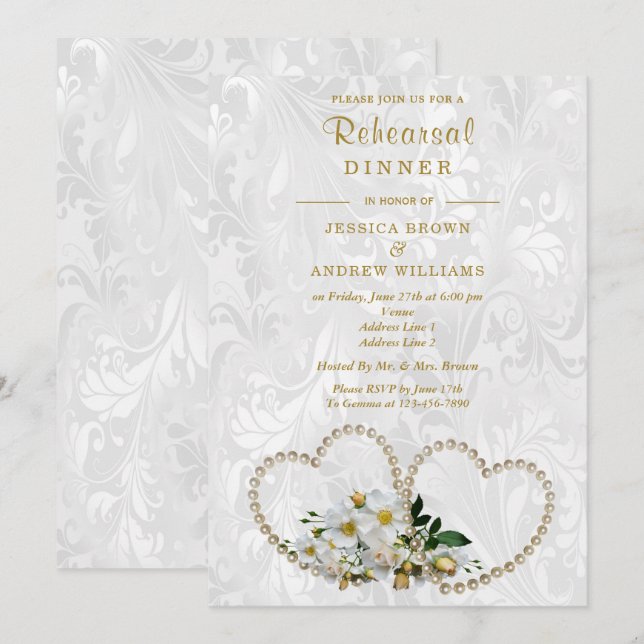 Pearl Hearts & Blume Damask Probe Dinner Einladung (Vorne/Hinten)