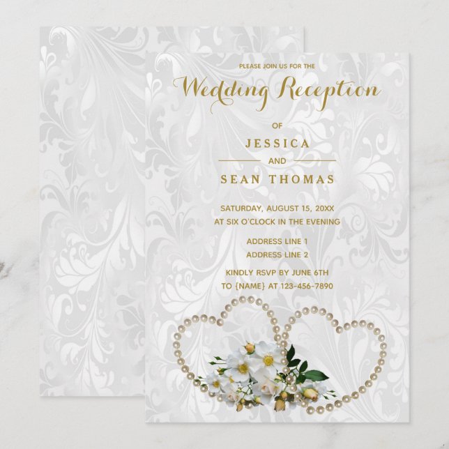 Pearl Hearts & Blume Damask Wedding Empfang Einladung (Vorne/Hinten)