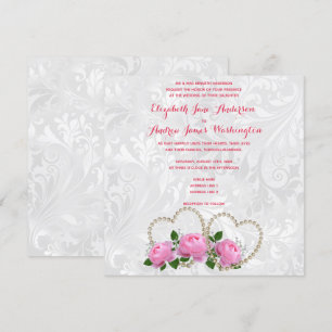 Pearl Hearts & Rose Damask Hochzeit Einladung