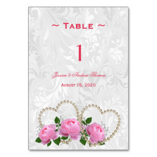 Pearl Hearts & Rose Damask Hochzeit Tischnummer