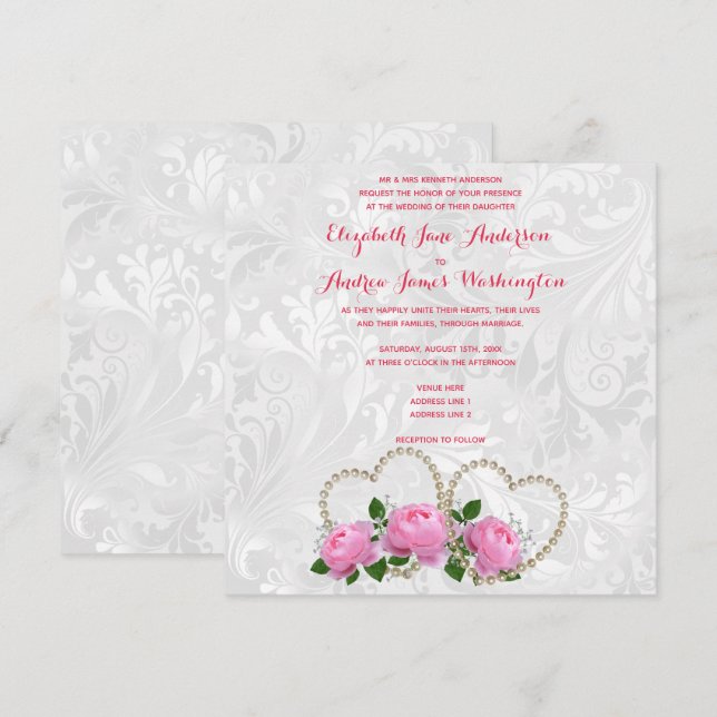 Pearl Hearts & Rose Damask Wedding Einladung (Vorne/Hinten)