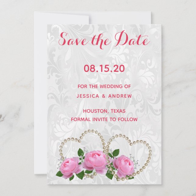 Pearl Hearts & Rose Damask Wedding Save the Date (Vorderseite)