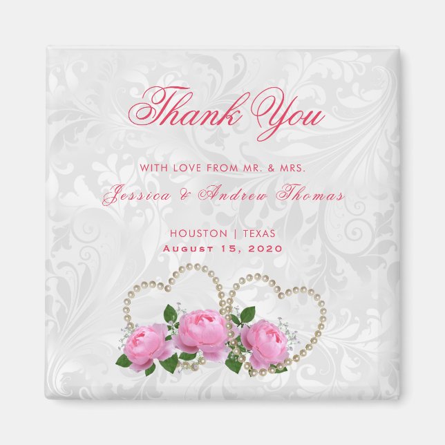Pearl Hearts & Rose Damask Wedding Vielen Dank Magnet (Vorne)