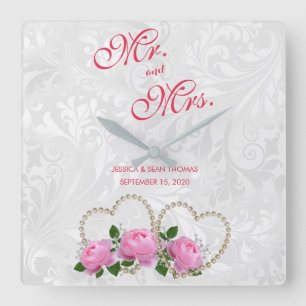 Pearl Hearts & Roses Damask Wedding Quadratische Wanduhr