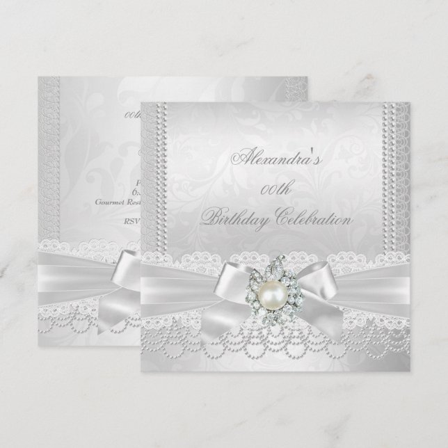 Pearl Lace Damask Diamond Silver White Bow Party Einladung (Vorne/Hinten)