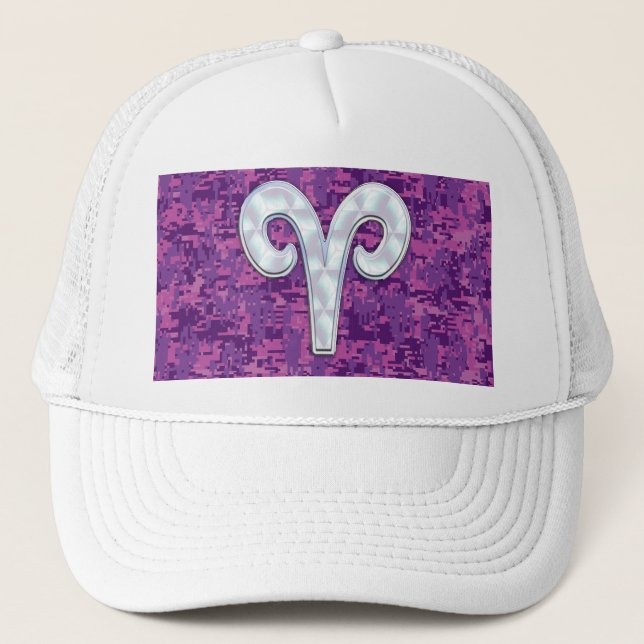 Pearl Like Aries Symbol auf Pink Digital Camouflag Truckerkappe (Vorderseite)