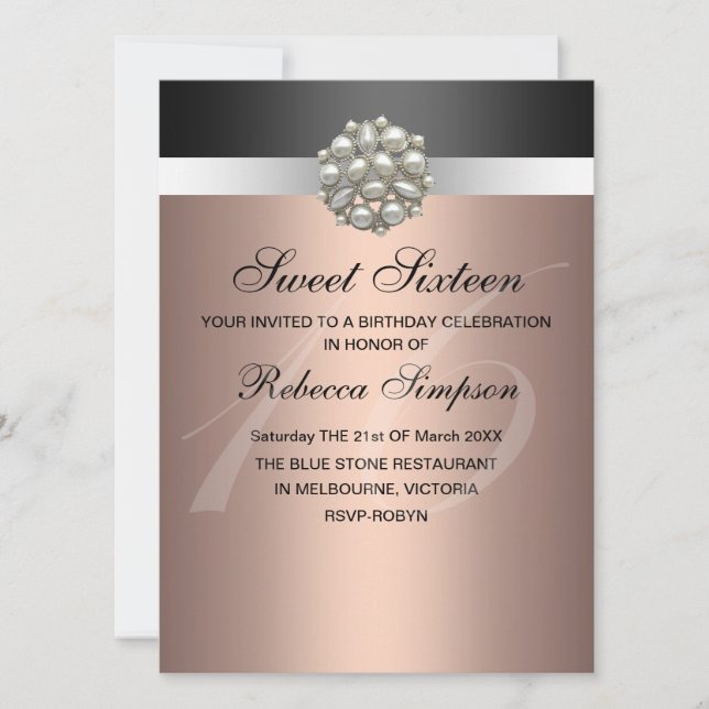 Pearl Pink & Black Sweet 16 Geburtstag Einladung (Vorderseite)