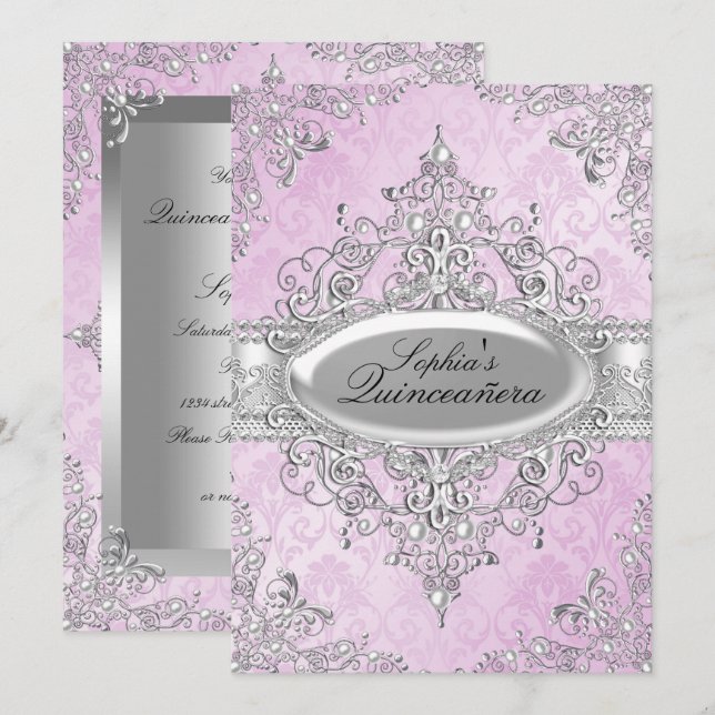 Pearl Vintag Glamour Pink Quinceanera Einladung (Vorne/Hinten)