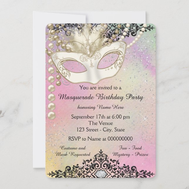 Pearl Watercolor Masquerade Party Einladung (Vorderseite)