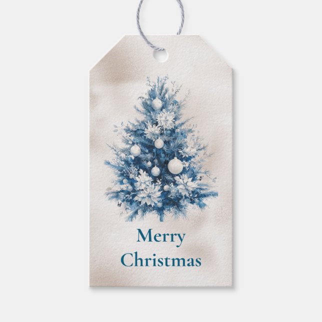 Pearl White Blue Christmas Tree Geschenkanhänger (Vorderseite)