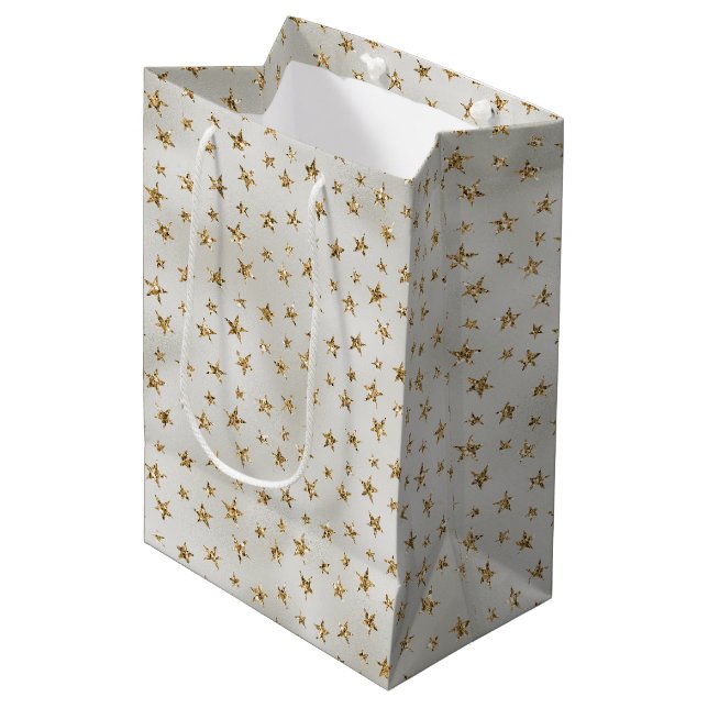Pearl White Gold Glitzer Sparkle Stars Mittlere Geschenktüte (Vorderseite Schrägansicht)