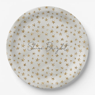 Pearl White Gold Glitzer Sparkle Stars Pappteller