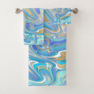 Pearlescent Aqua & Gold Liquide Marbre & Monogramm