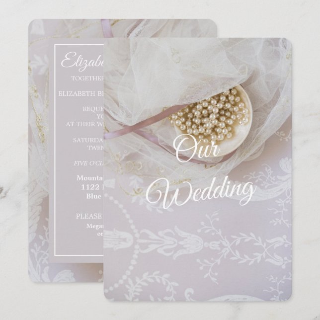 Pearls and Lace Wedding Einladung (Vorne/Hinten)