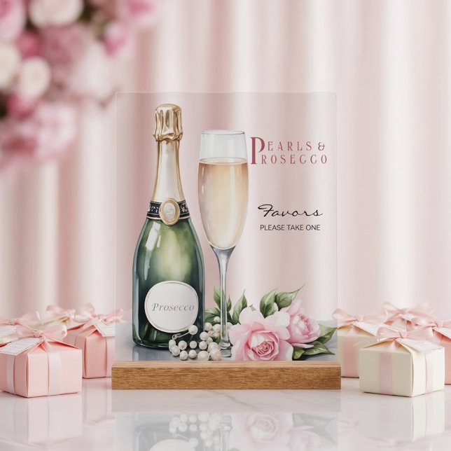 Pearls And Prosecco Bridal Shower Favors Acrylschild (Front view pearls and prosecco bridal shower romantic pink fairytale elegant favors acrylic sign)