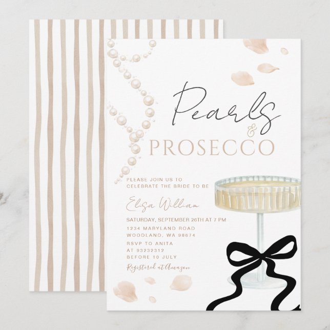 Pearls and Prosecco Ivory Bow  Bridal Shower  Einladung (Vorne/Hinten)