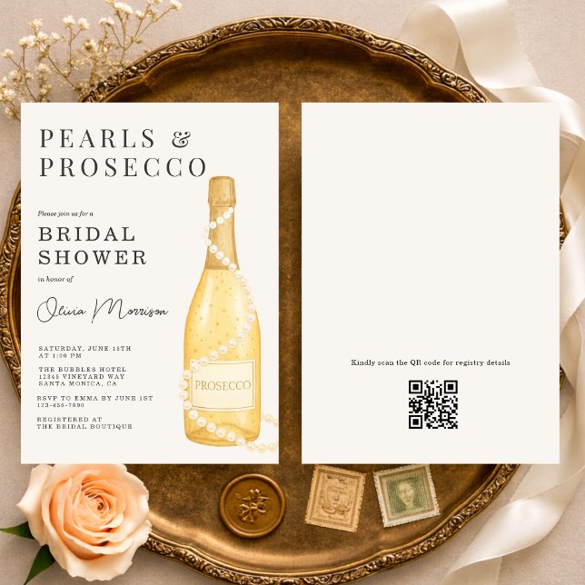Pearls and Prosecco QR Code Bridal Shower Einladung (Von Creator hochgeladen)