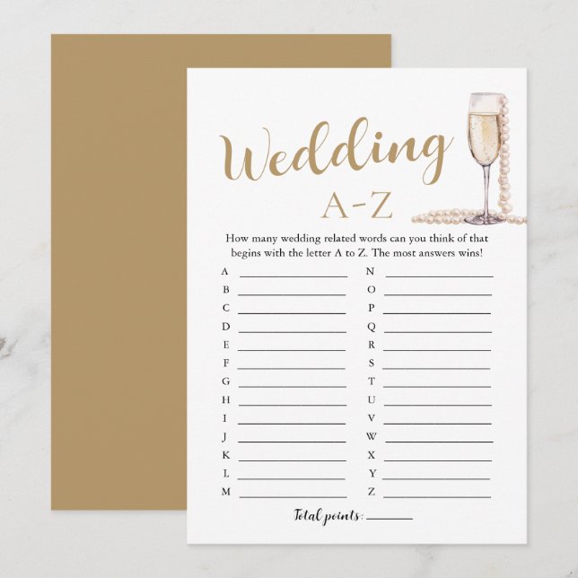 Pearls and Prosecco Wedding A-Z Brautparty Game Einladung (Vorne/Hinten)