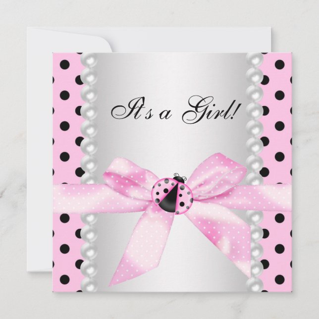 Pearls Black Pink Ladybug Baby Girl Dusche Einladung (Vorderseite)