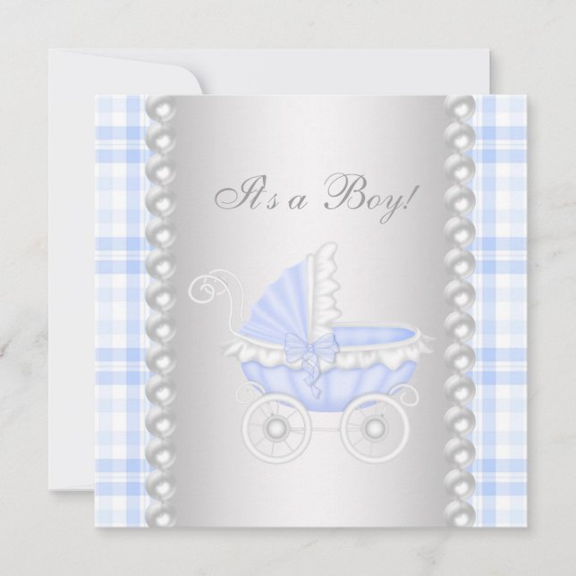 Pearls Blue Gingham Carriage Baby Boy Dusche Einladung (Vorderseite)