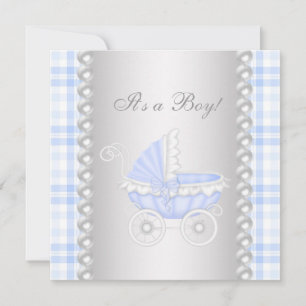 Pearls Blue Gingham Carriage Baby Boy Dusche Einladung