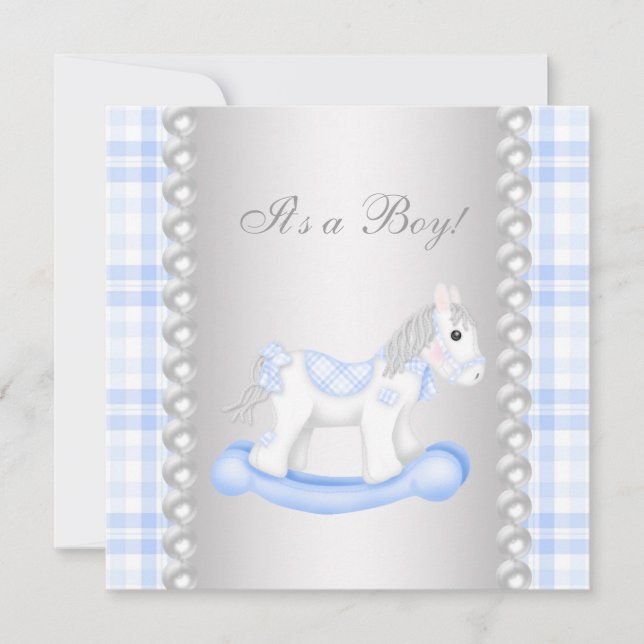 Pearls Blue Gingham Rocking Horse Baby Boy Dusche Einladung (Vorderseite)