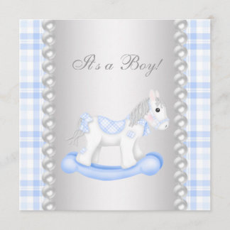 Pearls Blue Gingham Rocking Horse Baby Boy Dusche Einladung
