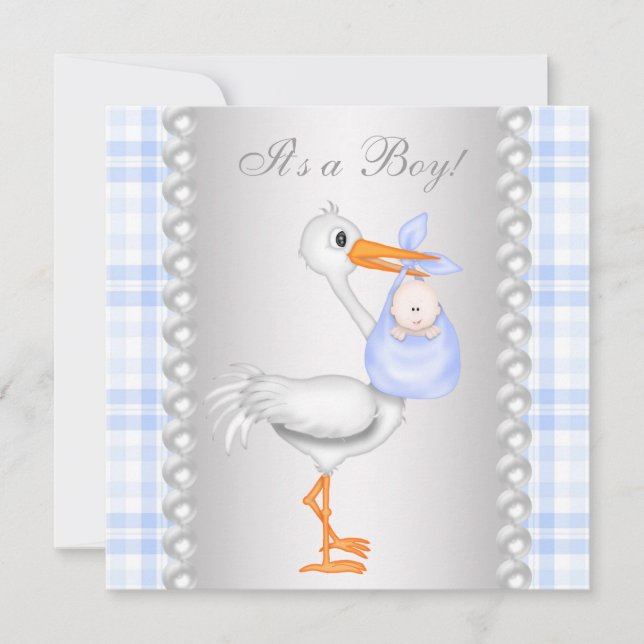 Pearls Blue Gingham Stork Baby Shower Einladung (Vorderseite)