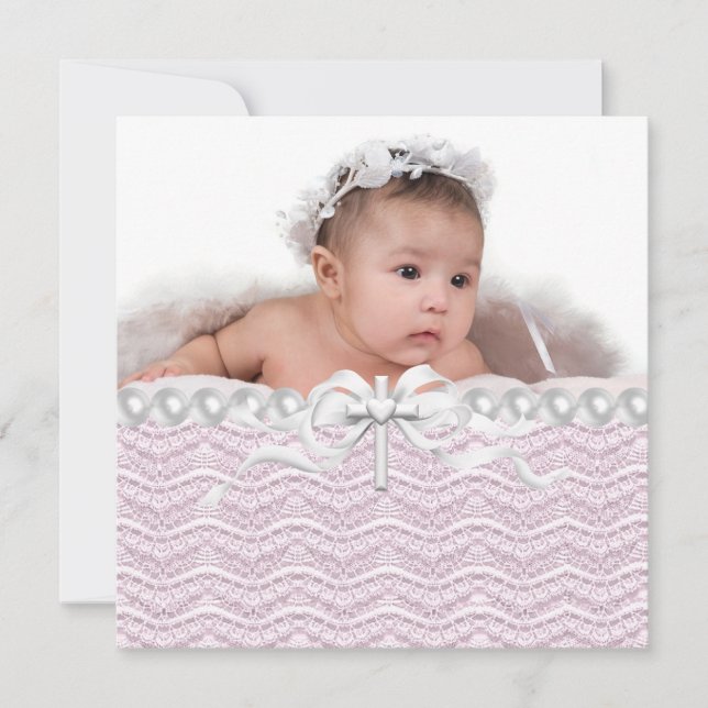 Pearls Cross Girls Foto Pink White Christening Einladung (Vorderseite)