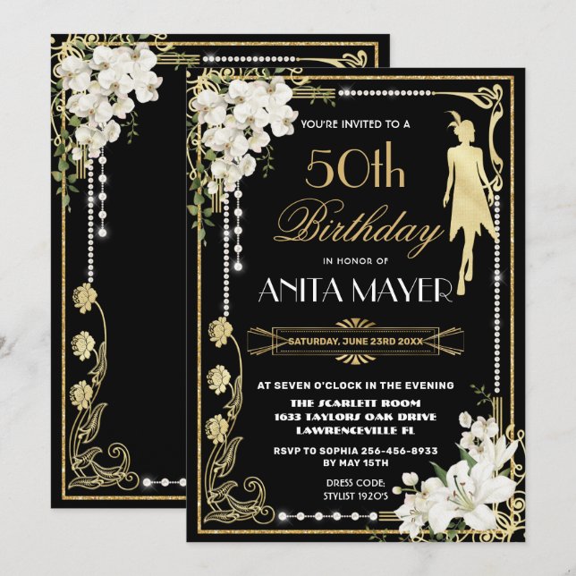 Pearls Floral Art Deco Gatsby Birthday ANY AGE Einladung (Vorne/Hinten)