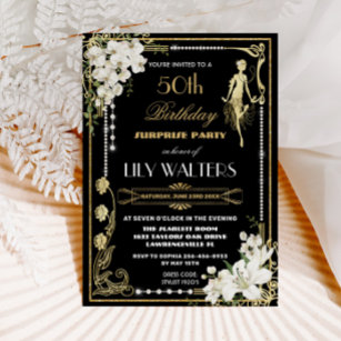 Pearls Floral Art Deco Gatsby Birthday ANY AGE Inv Einladung