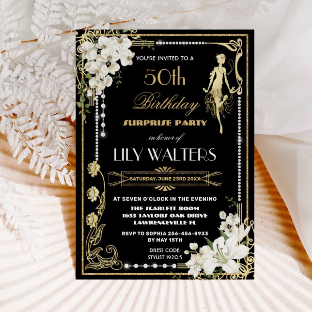 Pearls Floral Art Deco Gatsby Birthday ANY AGE Inv Einladung (Von Creator hochgeladen)