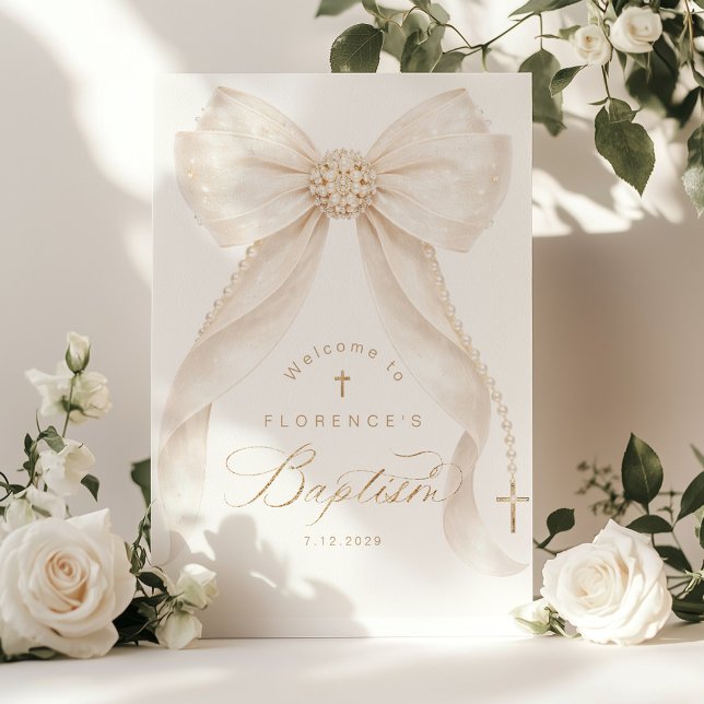 Pearls Gold Bow Girl Baptism Welcome Poster (Von Creator hochgeladen)