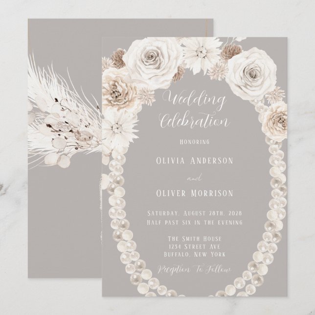 Pearls Hochzeit Einladung von Beige Grey Floral Wh (Vorne/Hinten)