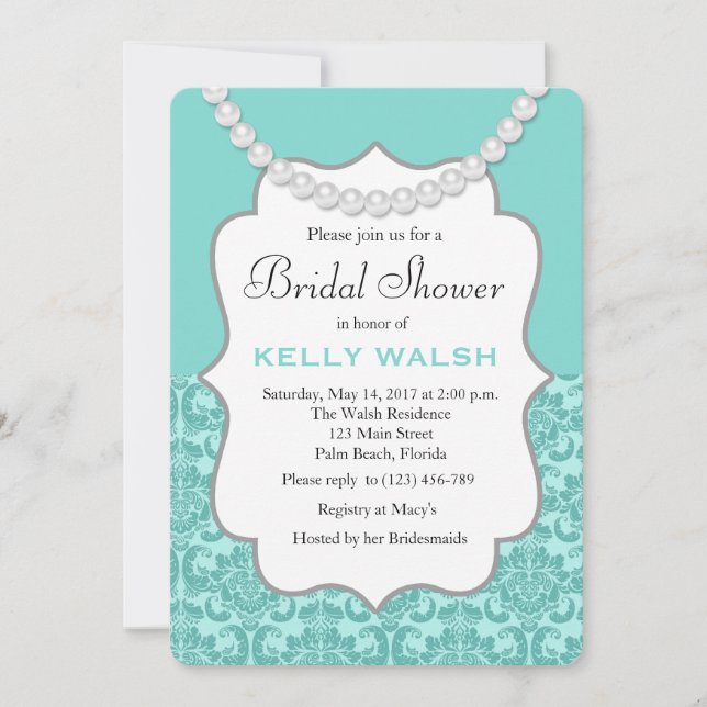 Pearls inspirés Aqua Blue Bridal Shower Invitation (Devant)