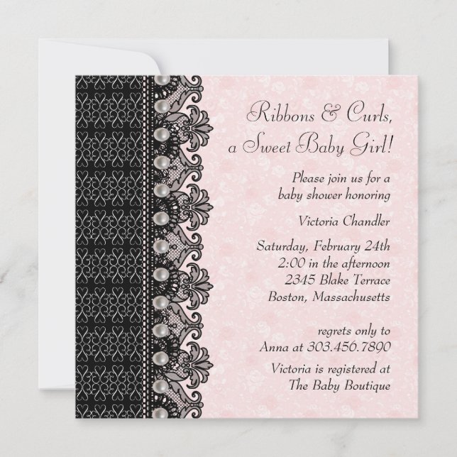 Pearls Lace Pink Black Baby Girl Dusche Einladung (Vorderseite)