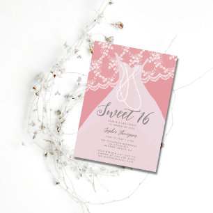 Pearls Lace Pink Princess Dress Sweet 16 Party Einladung
