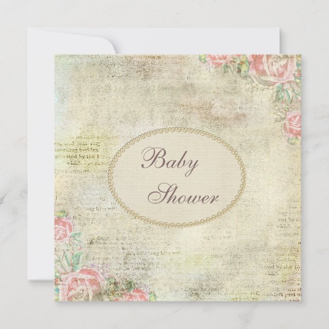 Pearls & Lace Shabby Chic Rose Babydusche Einladung (Vorderseite)