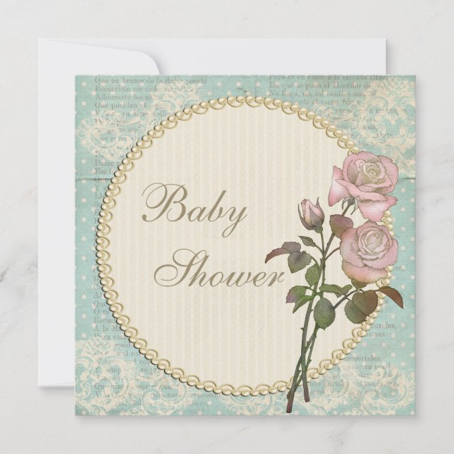Pearls & Lace Shabby Chic Rose Babydusche Einladung (Vorderseite)