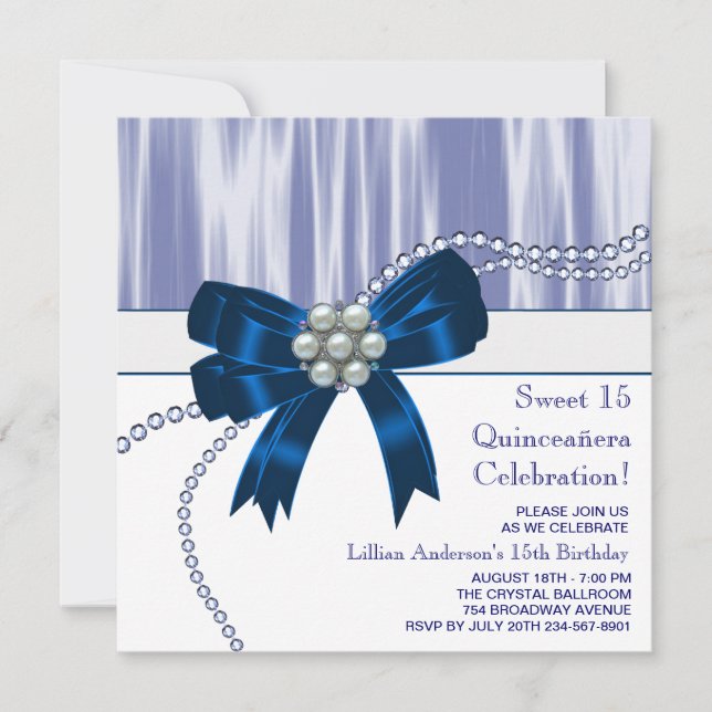 Pearls Navy Blue Quinceanera Einladung (Vorderseite)