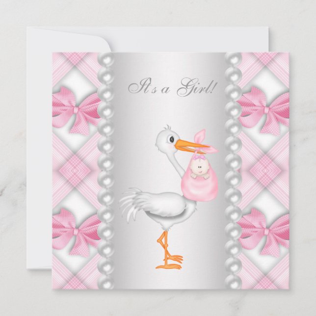 Pearls Pink Stork Baby Dusche Einladung (Vorderseite)