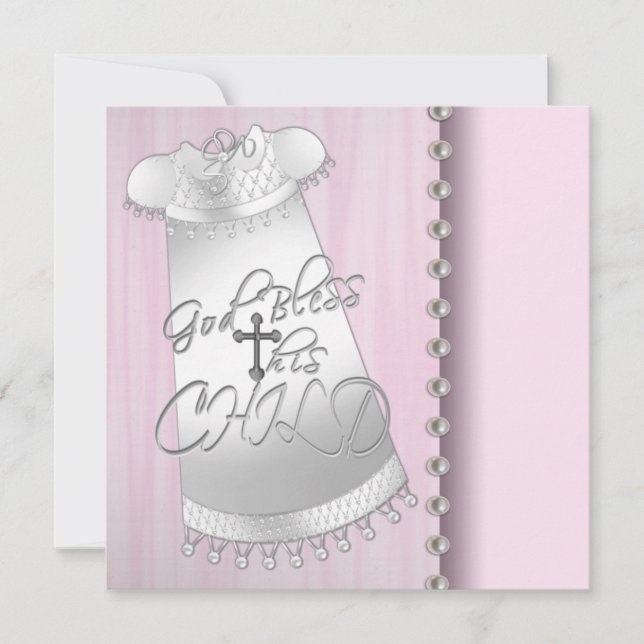 Pearls Pink White Baby Girl Christening Einladung (Vorderseite)