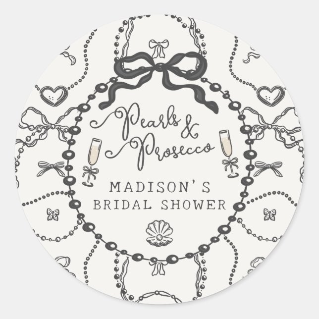Pearls & Prosecco Black Bow Brautparty Bevorzugung Runder Aufkleber (Vorderseite)