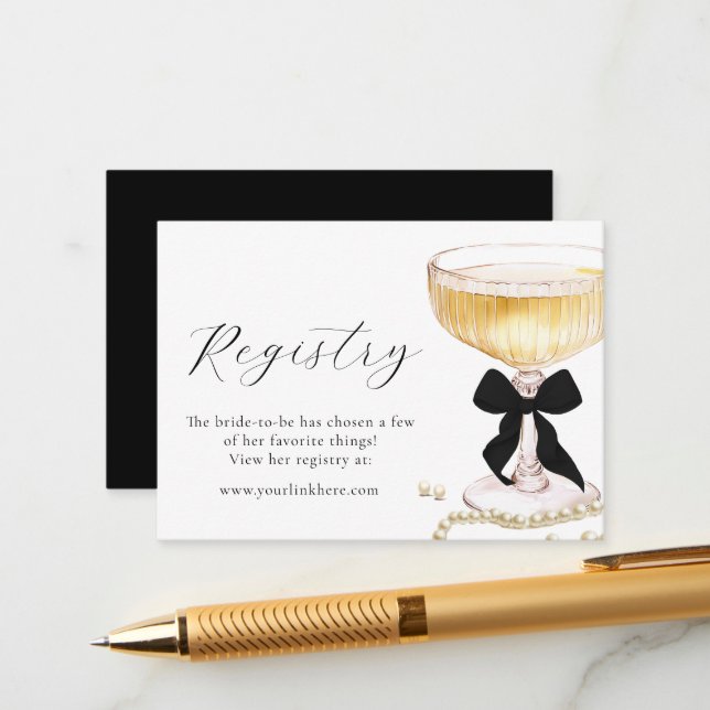 Pearls Prosecco Black Bow Bridal Shower Registry  Begleitkarte (Vorderseite/Rückseite Beispiel)
