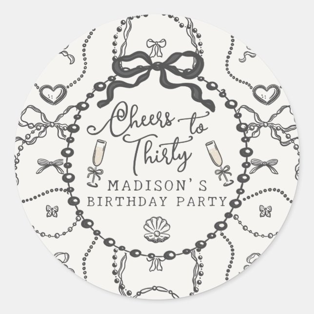 Pearls Prosecco Black Coquette Bow Birthday Gevor Runder Aufkleber (Vorderseite)