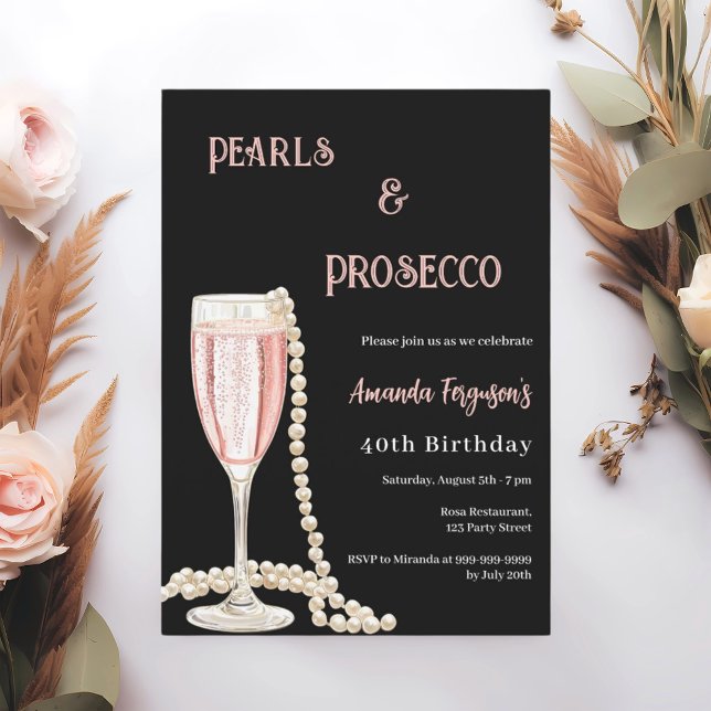 Pearls Prosecco Black Pink Geburtstag Einladung (Von Creator hochgeladen)