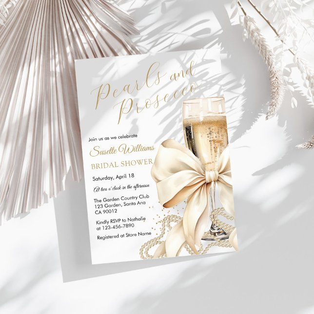 Pearls & Prosecco Bow Bridal Shower Invitation Einladung (Prosecco & Pearls Bridal Shower Invitation)
